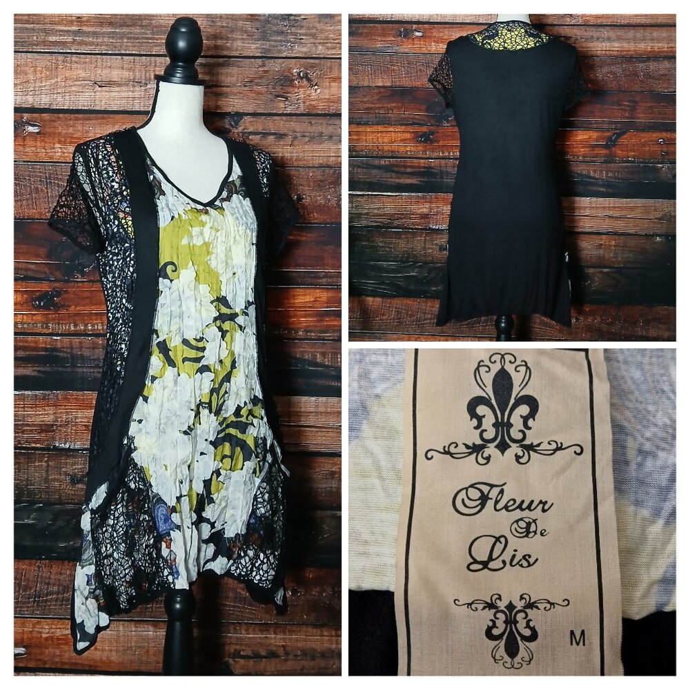 Fleur De Lis Tunic Top M Mixed Media Layered Boho Art To Wear Crochet